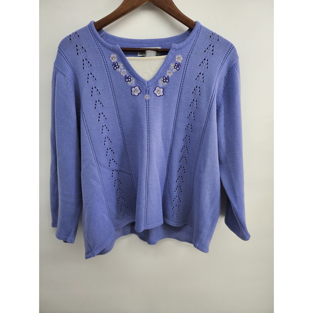 Haband Womens Periwinkle Blue Floral Embroidered Pointelle Knit Sweater Top